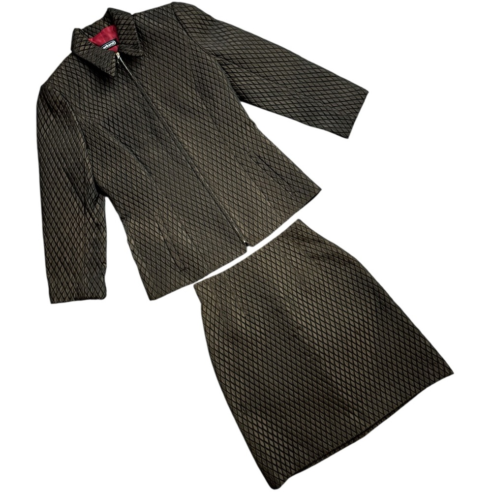 CACHAREL Vintage Two Piece Diamond Pattern Jacket & Skirt Set in Brown and Black